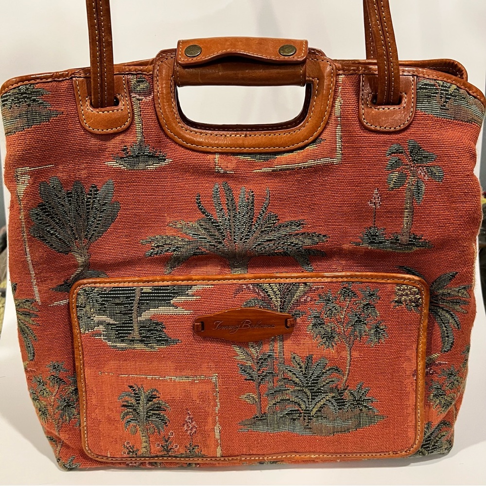 Vintage Tommy Bahama Large Palm Tree Canvas Brown Leather Bag